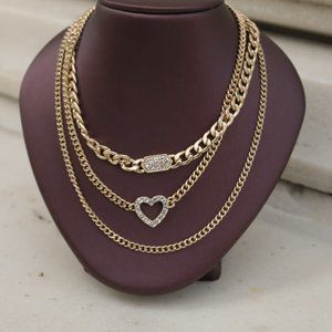 Triple Layer 18K Gold Necklace with Pendants & Lobster Clasp